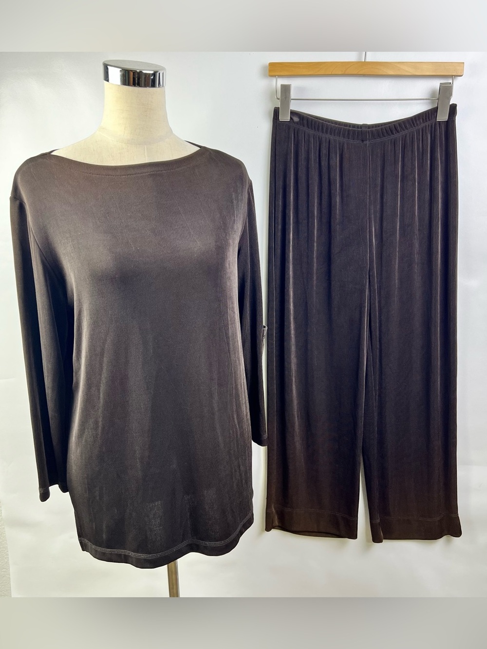 Chicos Travelers 2pc Set Brown Slinky 3/4 Sleeve Top size 2 Pants Size 0